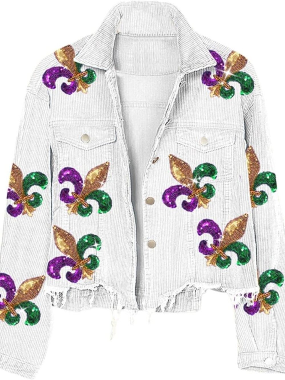 Vintage Washed Cropped Corduroy Jacket with Sequin Embroidery & Frayed Hem
